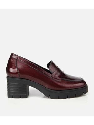 Hotiç Kadın Rugan Deri Bordo Topuklu Klasik Loafer