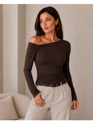 Sortie Collection Kadın Omuz Büzgülü Uzun Kollu Fit Bluz Kahverengi