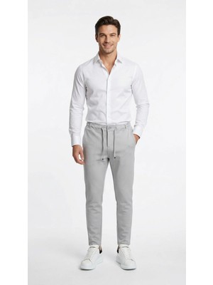 TKT Erkek Gri Renk Kaliteli Esnek Likralı Bilek Boy Jogger Dokuma Pantolon Arka Cepli