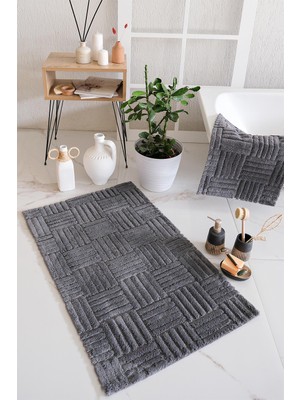 İyi Geceler İstanbul Hcw Cubin Antrasit %100 Pamuk Viskon 2 Parça Banyo Paspas Seti 40*60+60*100 cm