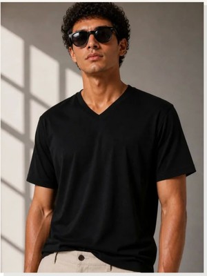 Modi Erkek V Yaka Basic Tişört Kısa Kol Yazlık Regular Fit T-Shirt Siyah