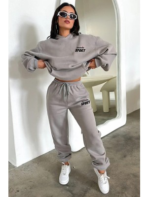 Unisex Erkek Kadın Macklin Sport Yazı Sırt Baskılı Oversize 3 Iplik Kapüşonlu Hoodie ve Jogger  Eşofman Takımı