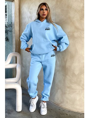 Unisex Erkek Kadın Macklin Sport Yazı Sırt Baskılı Oversize 3 Iplik Kapüşonlu Hoodie ve Jogger  Eşofman Takımı