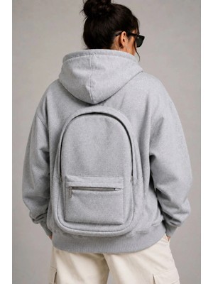 Tarz Yeri Kadın 3 Iplik Şardonlu Tam Fermuarlı Kapüşonlu Arka Çanta Detaylı Sweatshirt - Gri