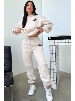 Unisex Erkek Kadın Macklin Sport Yazı Sırt Baskılı Oversize 3 Iplik Kapüşonlu Hoodie ve Jogger  Eşofman Takımı