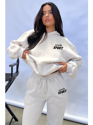 Unisex Erkek Kadın Macklin Sport Yazı Sırt Baskılı Oversize 3 Iplik Kapüşonlu Hoodie ve Jogger  Eşofman Takımı