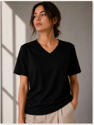 Modi V Yaka Basic Tişört Kısa Kol Yazlık Regular Fit T-Shirt Siyah
