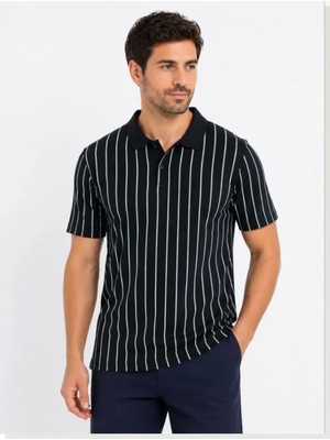 Modi Erkek Pike Kumaş Çizgili Polo Yaka Tişört Kısa Kol Yazlık T-Shirt Siyah