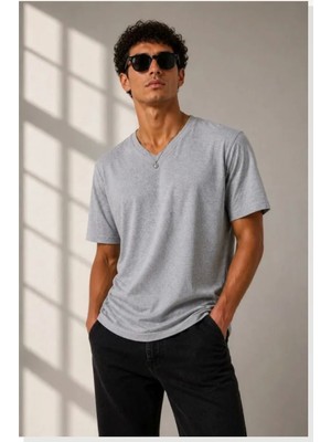 Modi Erkek V Yaka Basic Tişört Kısa Kol Yazlık Regular Fit T-Shirt Gri