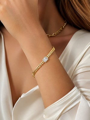 Livaz Accessories Kadın  Çelik Bileklik  Kararmaz  14K Altın Renk Vip Seri Ithal Bagettaşlı Bileklik
