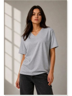 Modi V Yaka Basic Tişört Kısa Kol Yazlık Regular Fit T-Shirt Gri