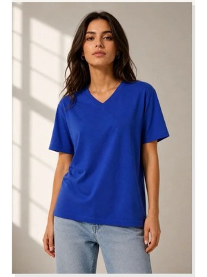 Modi V Yaka Basic Tişört Kısa Kol Yazlık Regular Fit T-Shirt Saks Mavisi
