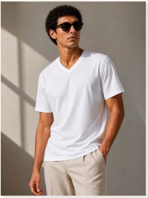 Modi Erkek V Yaka Basic Tişört Kısa Kol Yazlık Regular Fit T-Shirt Beyaz