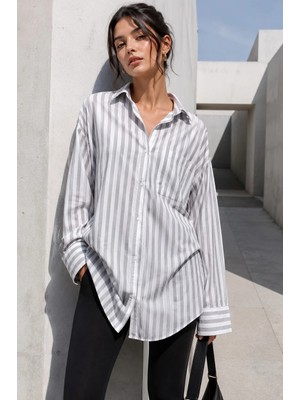 Madmext Gri Çizgili Oversize Kadın Gömlek MG1688