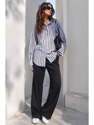 Madmext Antrasit Çizgili Oversize Kadın Gömlek MG1688