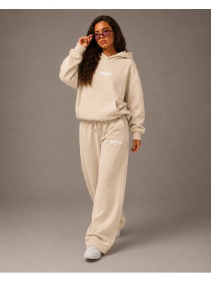 Macklin Unisex Kadın Erkek Minimal Yazı Baskılı Oversize 3 Iplik Kapüşonlu Sweatshirt ve Baggy Eşofman Altı