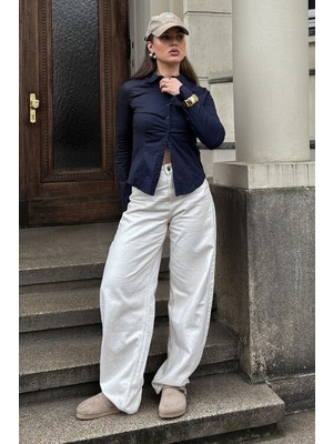 Madmext Lacivert Vücuda Oturan Çizgili Slim Fit Kadın Gömlek MG2659