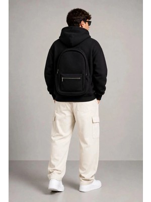 Zenviaa Erkek 3 Iplik Şardonlu Tam Fermuarlı Kapüşonlu Arka Çanta Detaylı Sweatshirt - Siyah