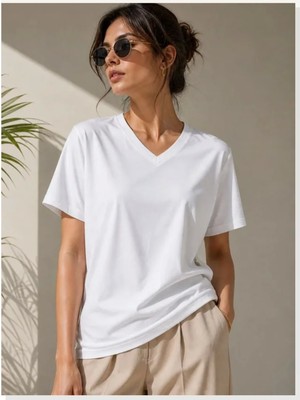 Modi V Yaka Basic Tişört Kısa Kol Yazlık Regular Fit T-Shirt Beyaz