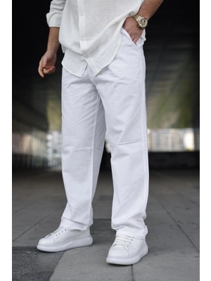 MidasTech Erkek Ham Keten Beli Lastikli Cepli Regular Fit Boru Paça Pantolon - Beyaz