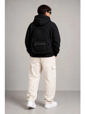 MidasTech Erkek 3 Iplik Şardonlu Tam Fermuarlı Kapüşonlu Arka Çanta Detaylı Sweatshirt - Siyah