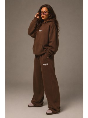 Macklin Unisex Kadın Erkek Minimal Yazı Baskılı Oversize 3 Iplik Kapüşonlu Sweatshirt ve Baggy Eşofman Altı