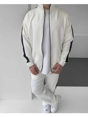 Zenviaa Erkek Scuba Kumaş Oversize Şerit Detaylı Fermuarlı Alt Üst Eşofman Takımı - Beyaz Ze