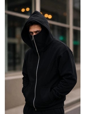 Zenviaa Erkek Maskeli Ninja Model Çift Kapüşonlu 3 Iplik Şardonlu Fermuarlı Sweatshirt - Siyah