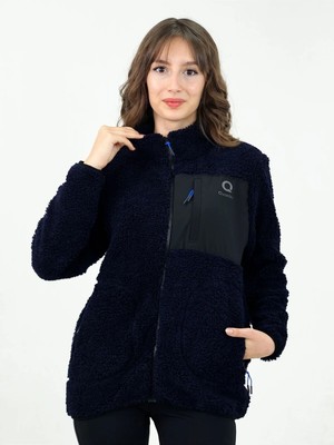 TKT Lacivert Kadın Kuzu Welsoft Polar Ceket Tam Fermuarlı 3 Cepli Ön Parça Detaylı Tam Beden