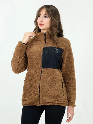 TKT Kahverengi Kadın Kuzu Welsoft Polar Ceket Tam Fermuarlı 3 Cepli Ön Parça Detaylı Tam Beden