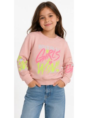 İrem Çocuk Giyim Kız Çocuk Girl Win Yazı Desenli Pudra Renk Sweatshirt