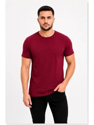 Modi Erkek Basic Tişört Bisiklet Yaka Kısa Kol Günlük Yazlık Slim Fit T-Shirt Bordo