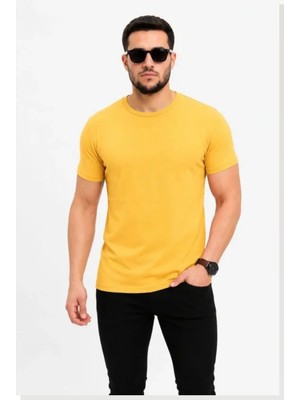 Modi Erkek Basic Tişört Bisiklet Yaka Kısa Kol Günlük Yazlık Slim Fit T-Shirt Sarı