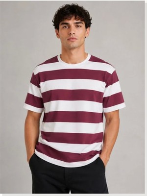 Modi Erkek Çizgili Oversize Tişört Bisiklet Yaka Kısa Kol Yazlık T-Shirt Bordo