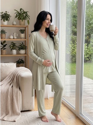 Hafsara Yeşil Önden Düğmeli Sabahlıklı Lohusa & Hamile Pijama Takımı