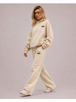 Unisex Kadın Erkek Macklin Sport Minimal Yazı Baskılı Oversize 3 Iplik Kapüşonlu Sweatshirt ve Baggy Eşofman Altı