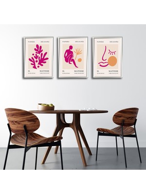 Tilki Dünyası Henri Matisse 3'lü Alüminyum Çerçeveli Poster Seti - Önden Açılır A3 Açılır Kapanır Çerçeve Seti Fuşya Pembe Soyut Figürler
