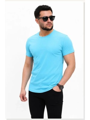Modi Erkek Basic Tişört Bisiklet Yaka Kısa Kol Günlük Yazlık Slim Fit T-Shirt Açık Mavi