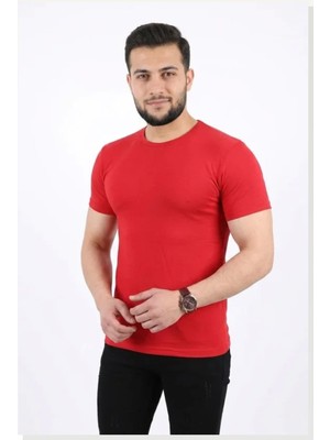 Modi Erkek Basic Tişört Bisiklet Yaka Kısa Kol Günlük Yazlık Slim Fit T-Shirt Kırmızı