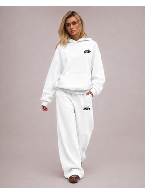 Unisex Kadın Erkek Macklin Sport Minimal Yazı Baskılı Oversize 3 Iplik Kapüşonlu Sweatshirt ve Baggy Eşofman Altı