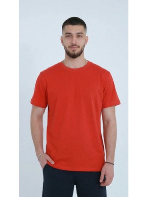 TKT Erkek Kırmızı Renk Pamuklu T-Shirt Penye Kumaş Sıfır Yaka Regular Tam Kalıp