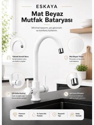ESHOME Eskara Arıtma, Sıcak, Soğuk Çıkışlı 3 Yollu Beyaz Lüx Arıtmalı Mutfak Eviye Bataryası Musluğu Baston Boru