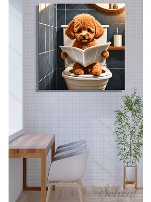 Şehzat Kare Kanvas Duvar Tablosu Banyo Koridor Kafe Veteriner Ofis Cafe Tuvalette Gazete Okuyan Köpek
