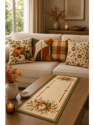 Elvoran Joy Sonbahar Balkabağı 4’lü Çift Taraf Baskılı Kırlent Kılıfı 43X43 cm + Runner 40X140 cm Dekoratif 5’li Set