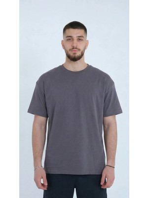 TKT Erkek Füme Renk Pamuklu T-Shirt Penye Kumaş Sıfır Yaka Regular Tam Kalıp