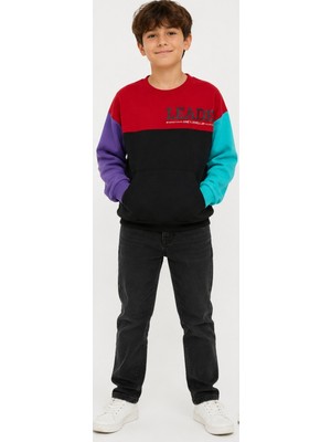 İrem Çocuk Giyim Erkek Çocuk /kız Çocuk Leader Yazı Desenli Renk Bloklu Kanguru Cepli Siyah Renk Sweatshirt
