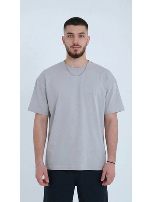 TKT Erkek Taş Renk Pamuklu T-Shirt Penye Kumaş Sıfır Yaka Regular Tam Kalıp
