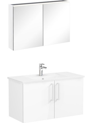 VitrA 72160 Root Flat 100 cm Banyo Dolabı Seti, Lavabo Bataryası ve Ara Musluk Dahil, LED Aydınlatmalı, 2 Kapaklı, Parlak Beyaz