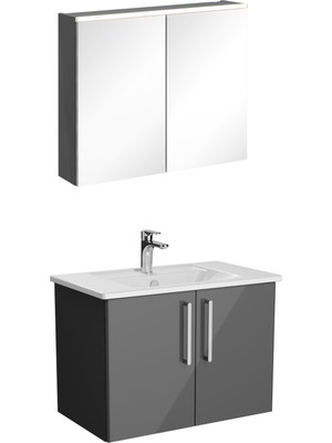 VitrA 72163 Root Flat Banyo Dolabı Seti, Lavabo Bataryası ve Ara Musluk Dahil, 80 cm, LED Aydınlatmalı, 2 Kapaklı, Parlak Antrasit