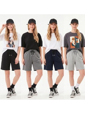 TKT Kadın 4'lü Paket Oversize Rahat Kalıp Penye Şort Yan Cepli